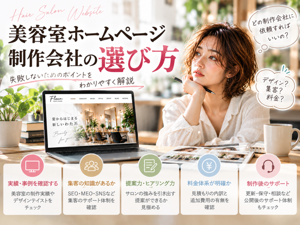 美容室ホームページ制作会社の選び方｜実績・集客力・料金・提案力・サポート体制を比較