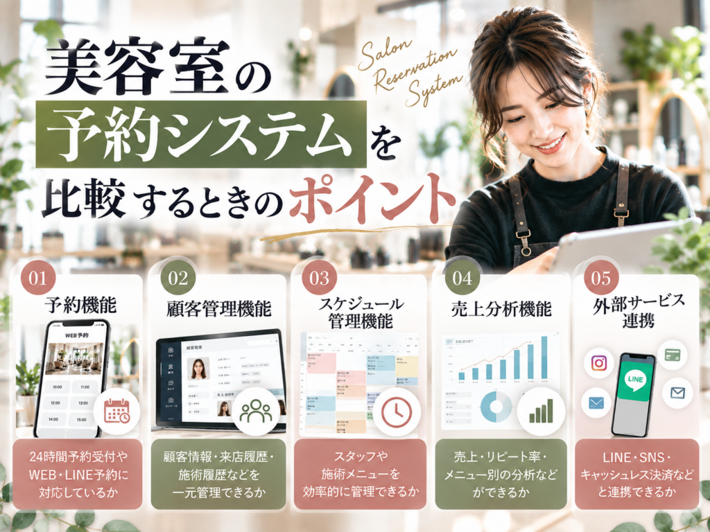 美容室の予約システムを比較するときのポイント|予約機能・顧客管理・外部サービス連携を確認