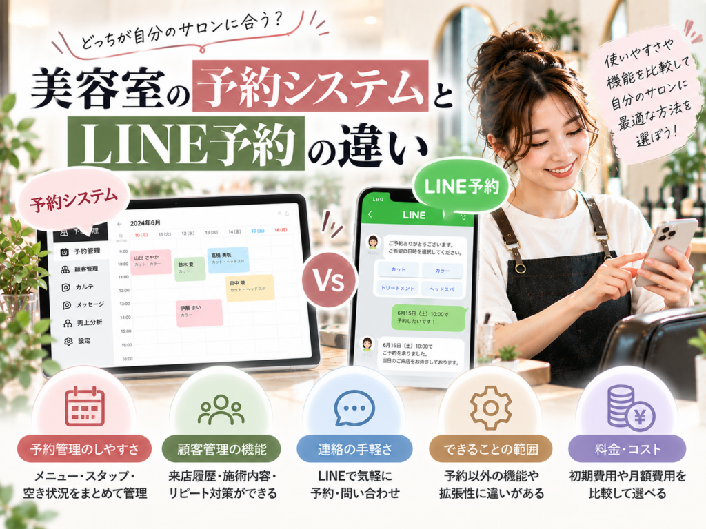 美容室の予約システムとLINE予約の違い|予約管理・顧客管理・料金や使いやすさを比較