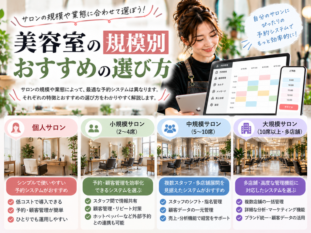 美容室の規模別おすすめ予約システムの選び方|個人・小規模・中規模・多店舗で比較