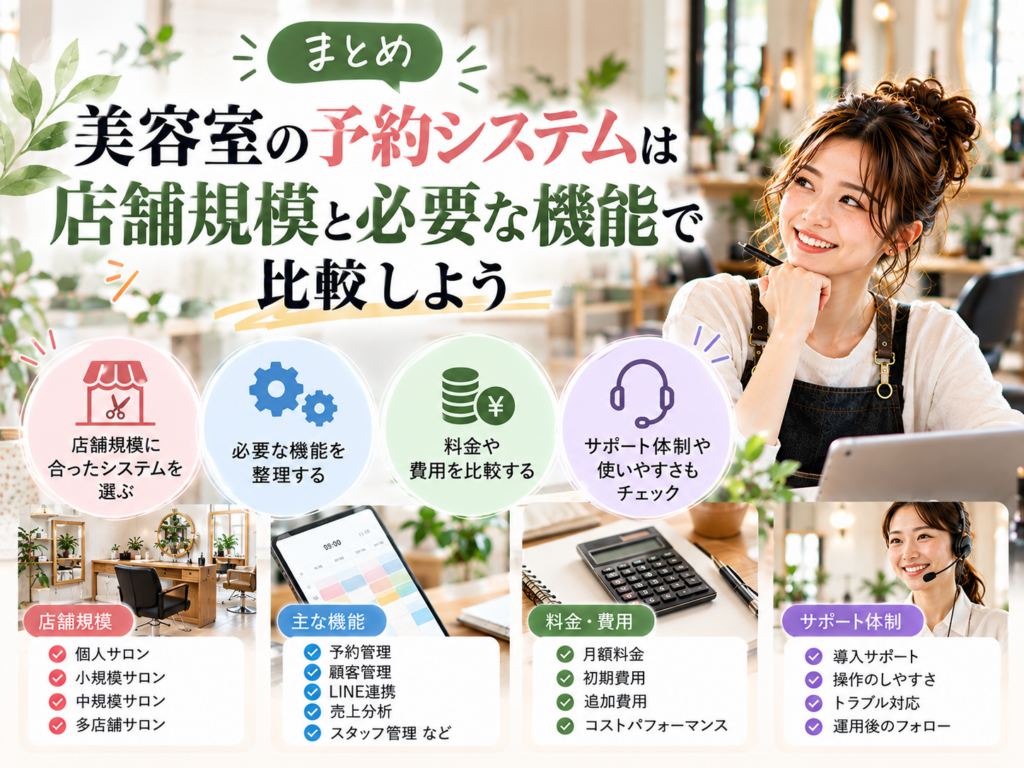 美容室の予約システムは店舗規模と必要な機能で比較|料金・使いやすさ・サポートも確認
