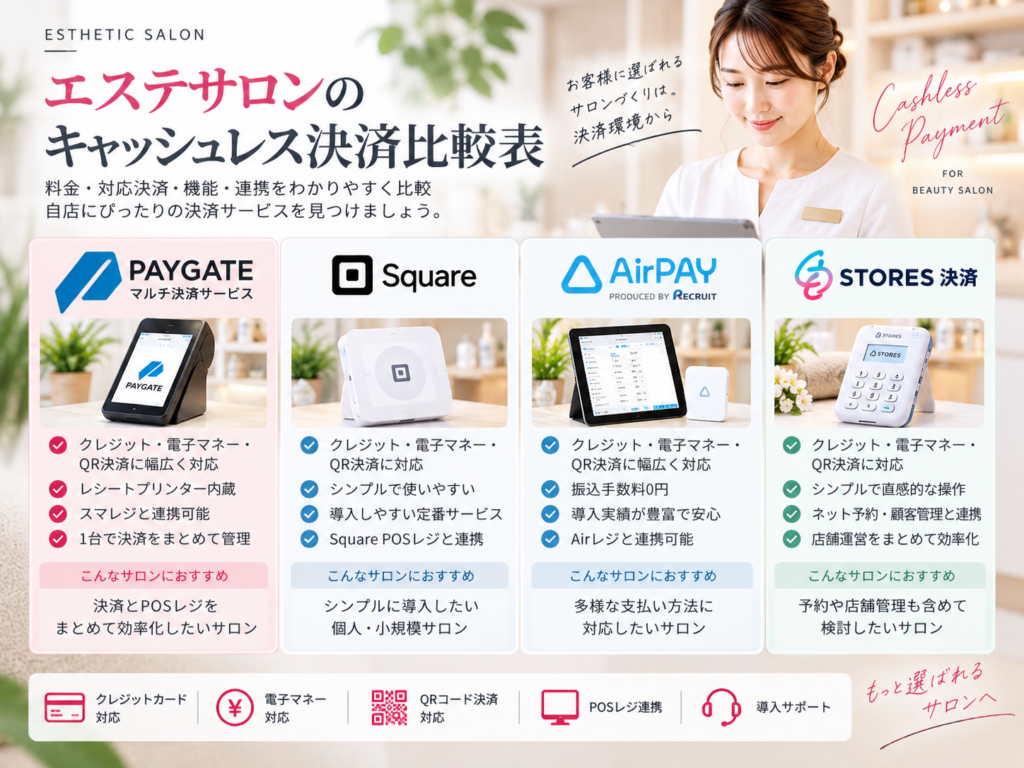 エステサロン向けキャッシュレス決済比較表|PAYGATE・Square・Airペイ・STORES決済を比較