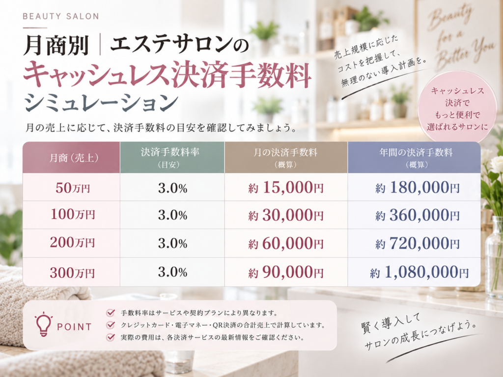月商別にエステサロンのキャッシュレス決済手数料をシミュレーション