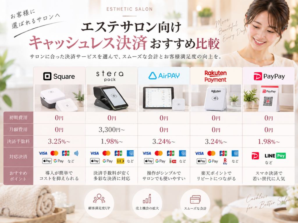 エステサロン向けキャッシュレス決済おすすめサービスを料金・手数料・対応決済で比較