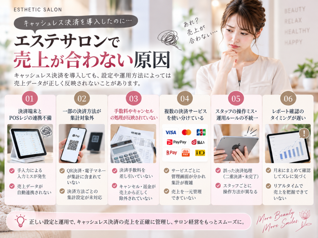 エステサロンでキャッシュレス決済導入後に売上が合わない原因と確認ポイント