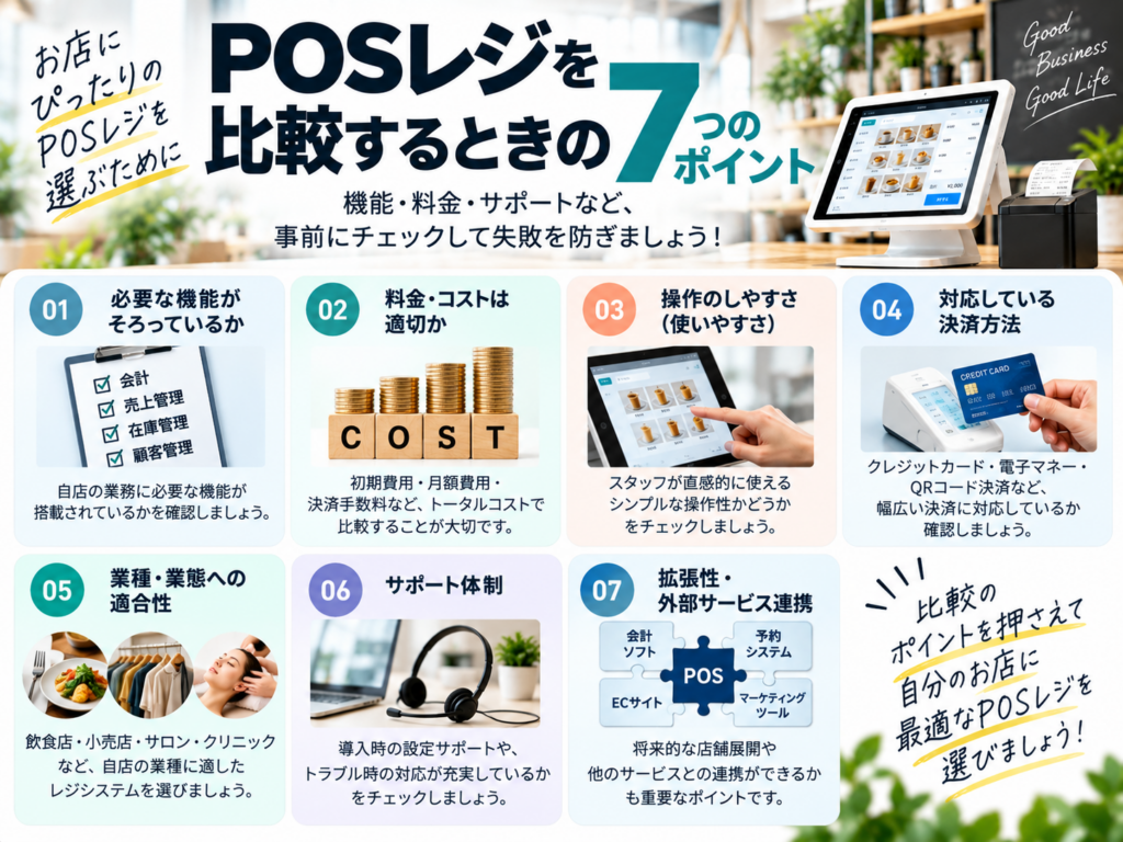 POSレジを比較するときの7つのポイント|料金・機能・決済・サポートを確認