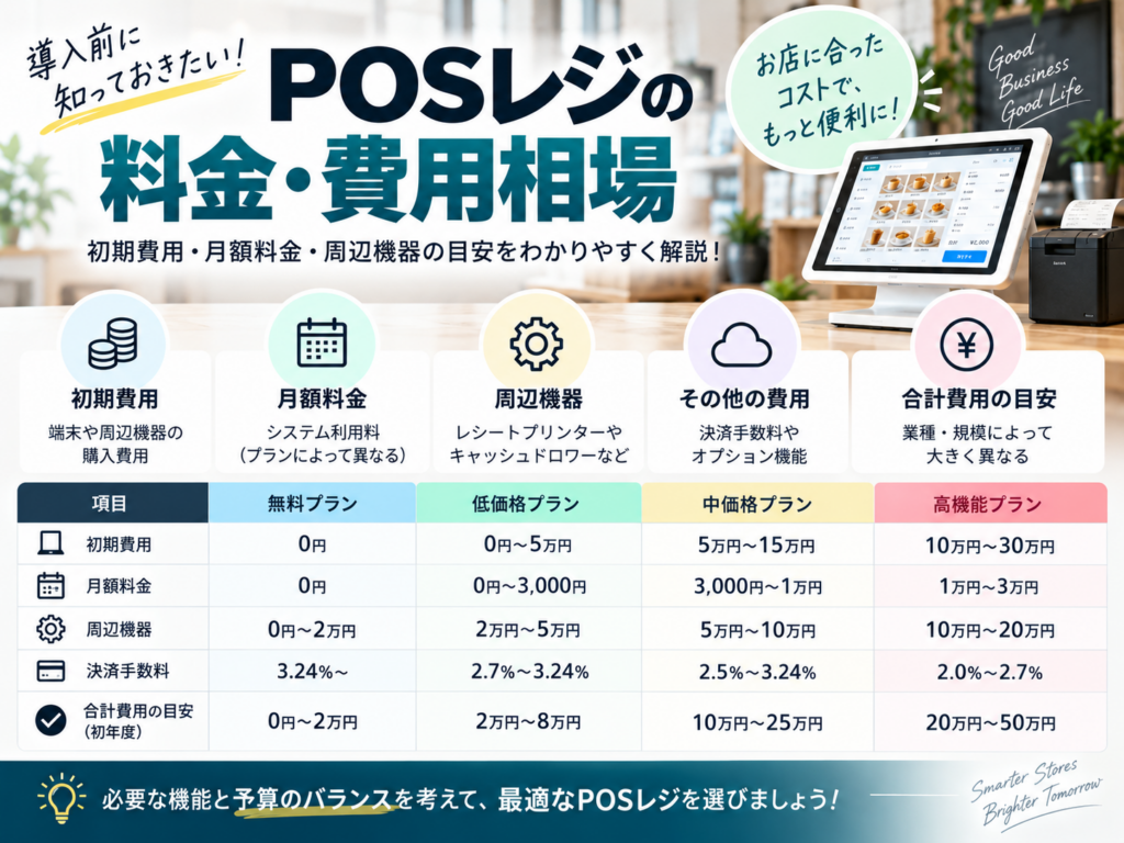 POSレジの料金・費用相場|初期費用・月額料金・周辺機器の目安