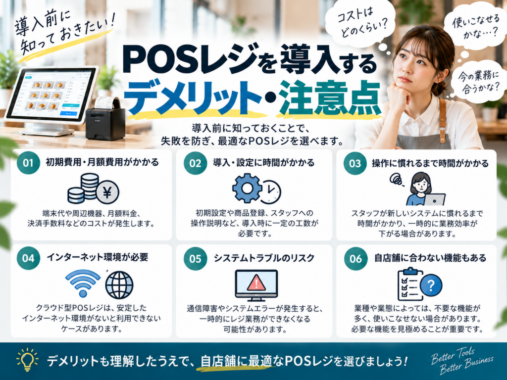 POSレジを導入するデメリット・注意点|費用・操作・通信環境などを解説