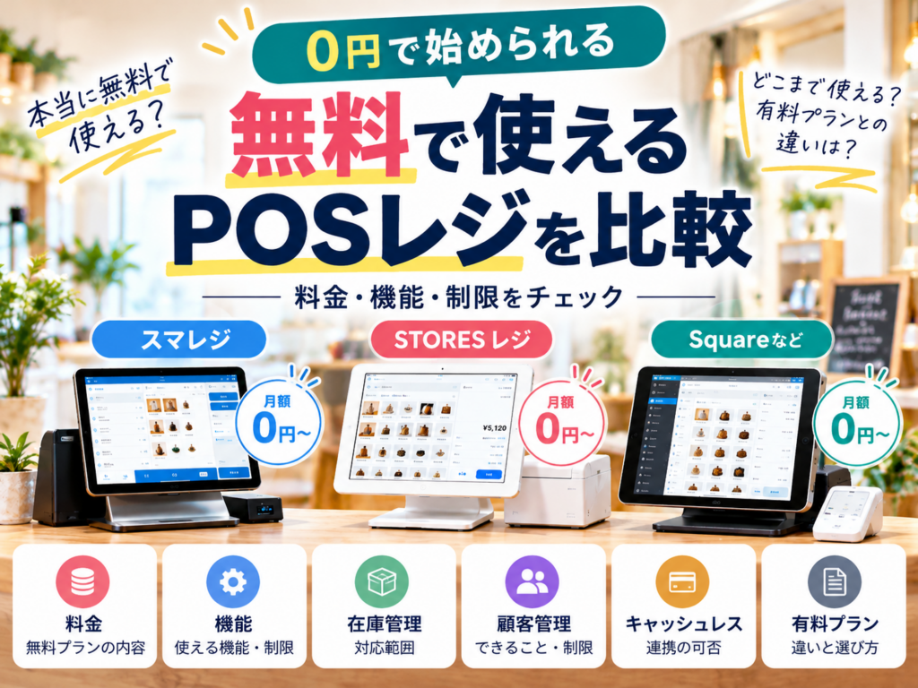 無料で使えるPOSレジを比較|スマレジ・STORES レジ・Squareの月額料金・機能・無料プランの制限を解説