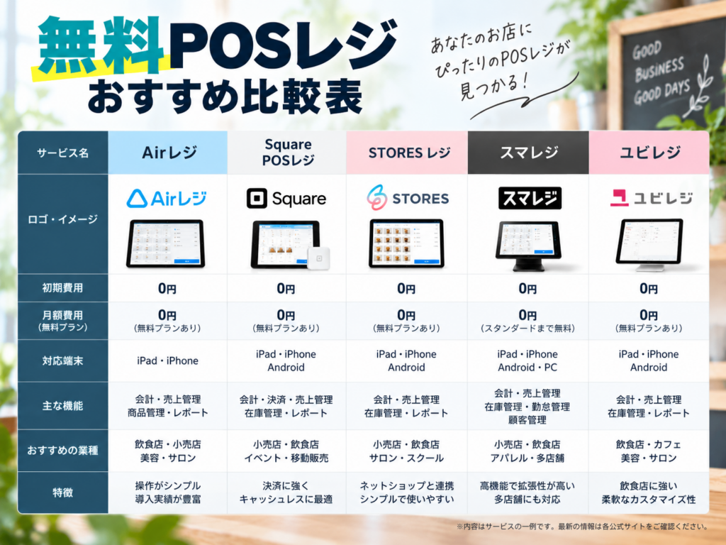 無料POSレジおすすめ比較表｜Airレジ・Square・STORESレジ・スマレジ・ユビレジを比較