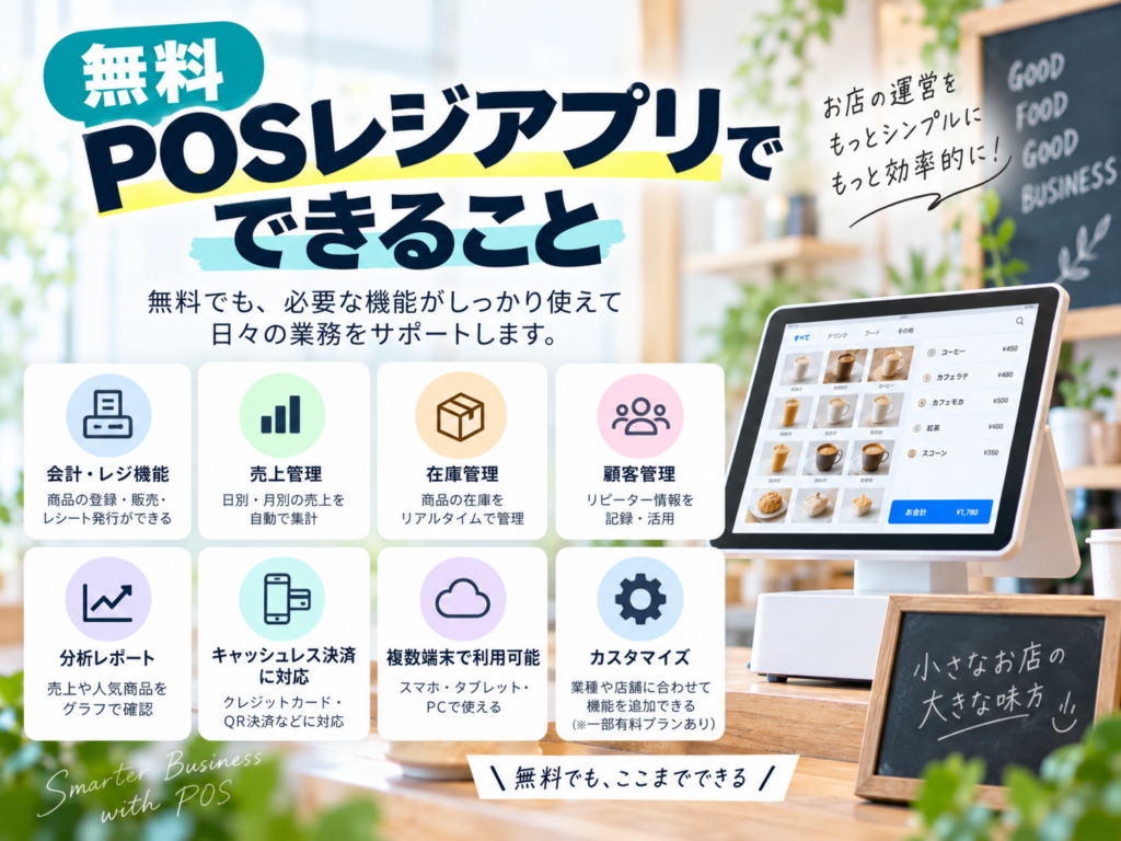 無料POSレジアプリでできること｜会計・売上管理・在庫管理・顧客管理などの機能