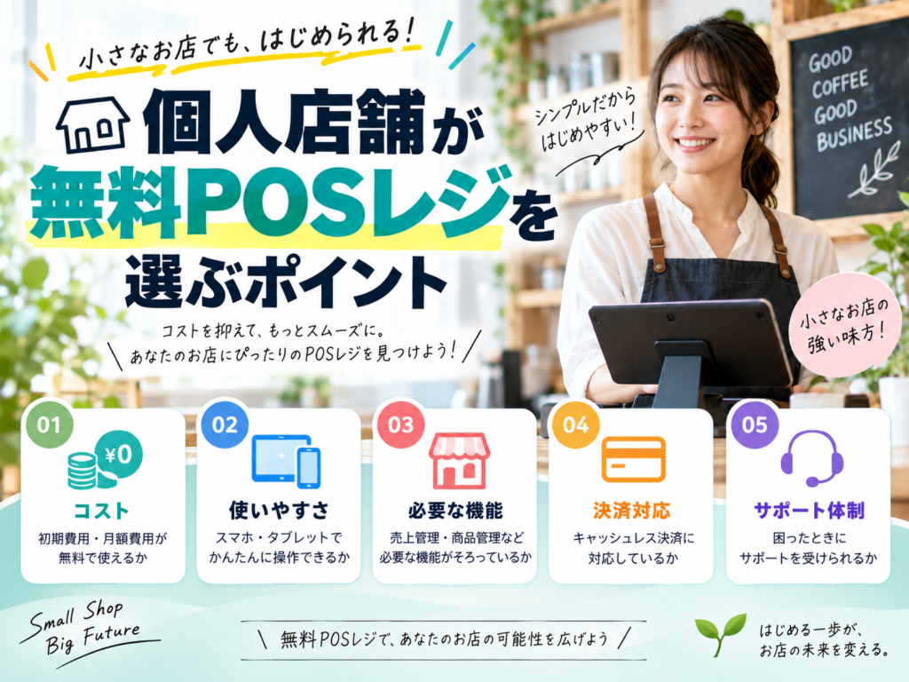 個人店舗が無料POSレジを選ぶポイント｜費用・使いやすさ・機能・決済対応・サポートを比較