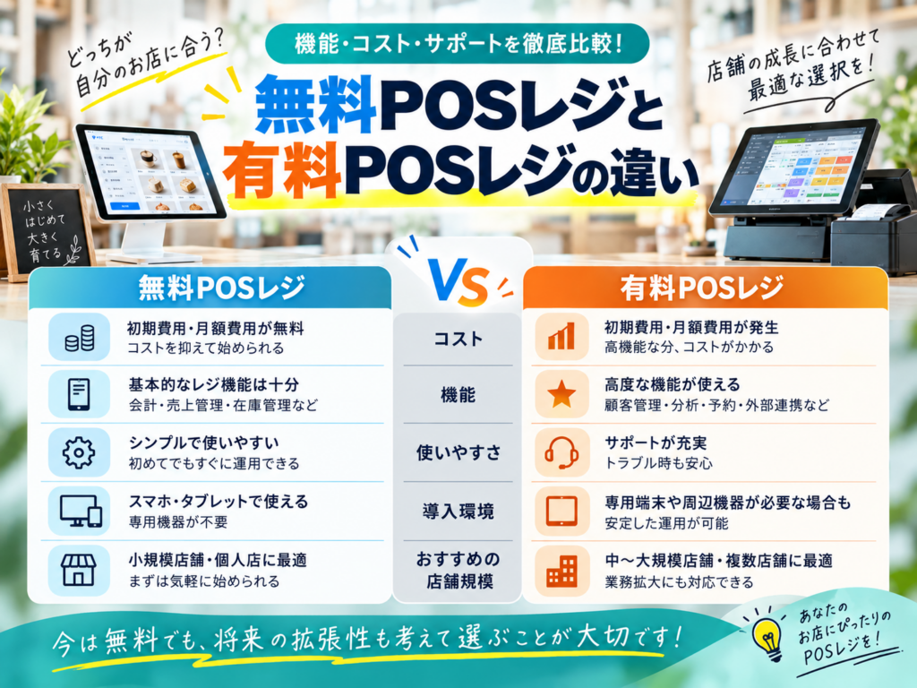 無料POSレジと有料POSレジの違い｜費用・機能・サポート・店舗規模を比較