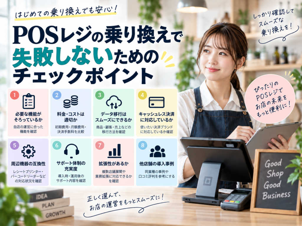 POSレジの乗り換えで失敗しないためのチェックポイント|機能・費用・データ移行・サポートを確認