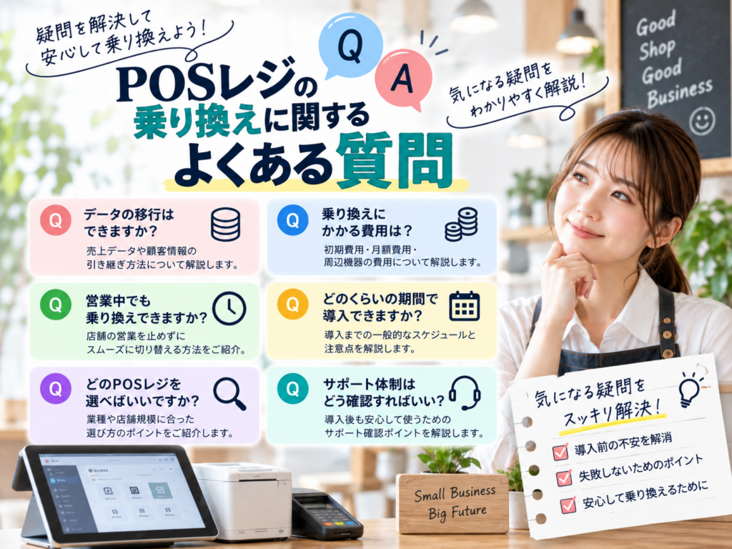 POSレジの乗り換えに関するよくある質問|データ移行・費用・導入期間・選び方を解説