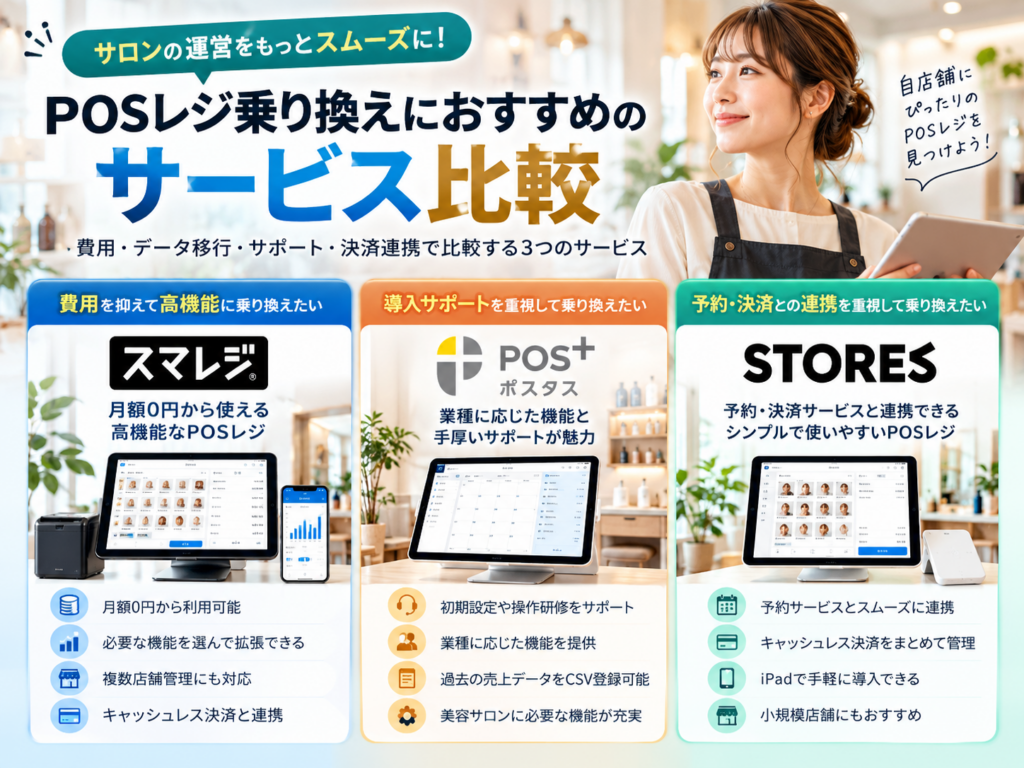 POSレジ乗り換えにおすすめの3社を比較|スマレジ・POS+・STORES レジの費用・機能・データ移行・導入サポートの違い