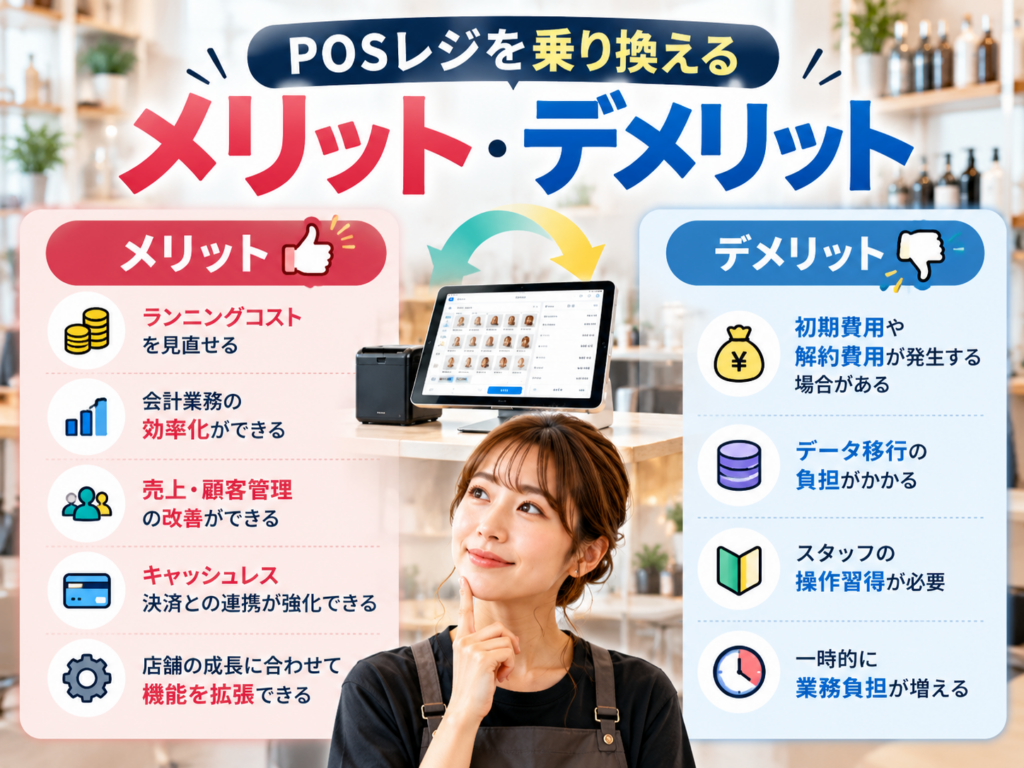 POSレジを乗り換えるメリット・デメリットを比較|コスト削減・業務効率化・データ移行・初期費用の注意点