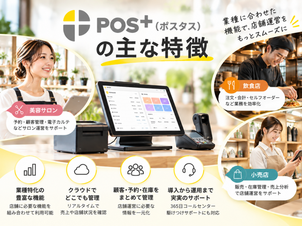 POS＋（ポスタス）の主な特徴｜飲食店・美容サロン・小売店向けPOSレジ