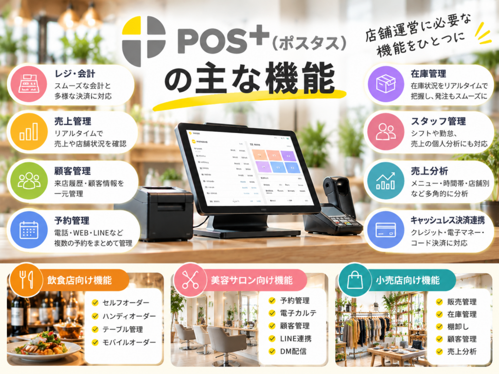 POS＋（ポスタス）の主な機能｜会計・売上・顧客・予約・在庫管理に対応するPOSレジ