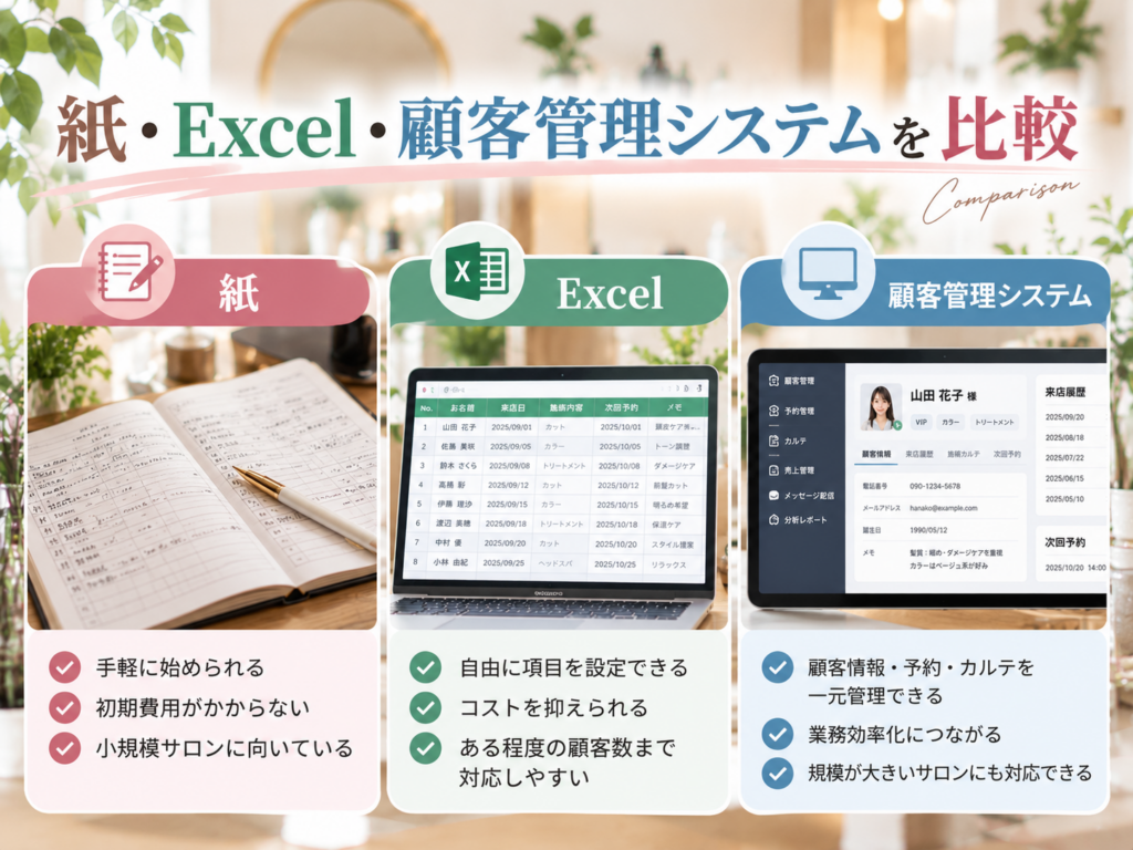 サロンの顧客管理を紙・Excel・顧客管理システムで比較
