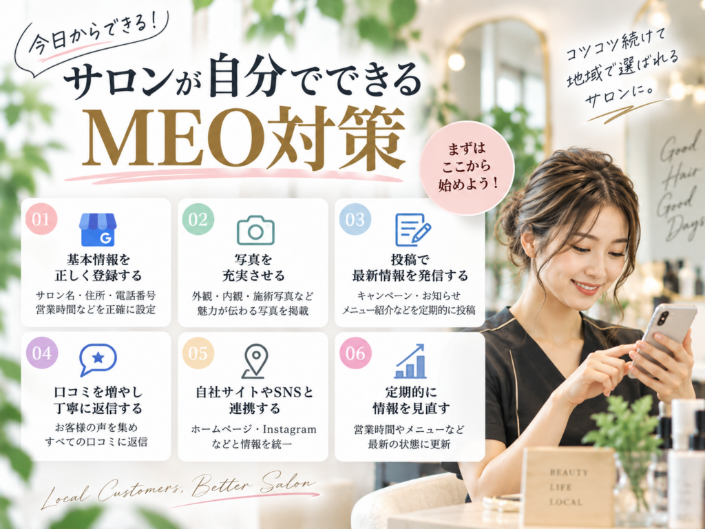 サロンが自分でできるMEO対策｜店舗情報・写真・口コミ・SNS連携のポイント