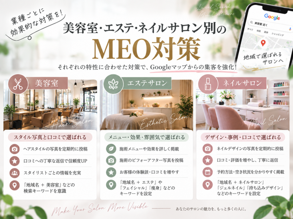 美容室・エステ・ネイルサロン別のMEO対策｜Googleマップ集客のポイント