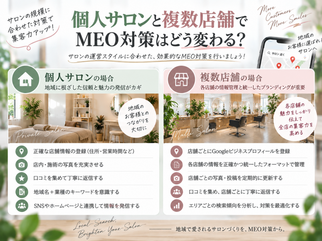 個人サロンと複数店舗のMEO対策の違い｜店舗規模に合わせたGoogleマップ集客