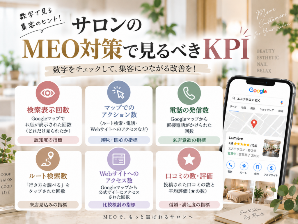 サロンのMEO対策で見るべきKPI｜検索表示・電話・ルート検索・Webサイトアクセス・口コミ