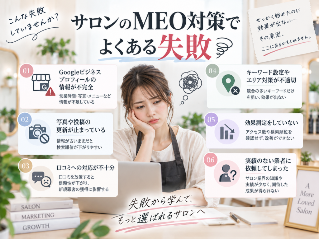 サロンのMEO対策でよくある失敗｜店舗情報・口コミ・写真更新・効果測定の注意点