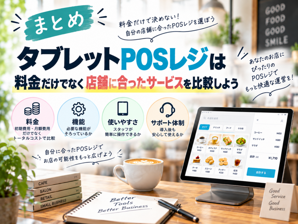 タブレットPOSレジは料金だけでなく店舗に合ったサービスを比較|料金・機能・使いやすさ・サポート体制