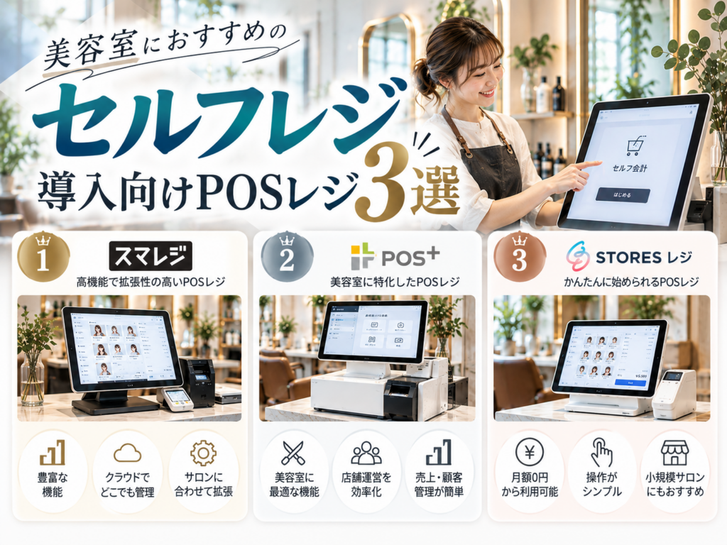 美容室におすすめのセルフレジ導入向けPOSレジ3選|スマレジ・POS+・STORES レジの特徴や機能を比較