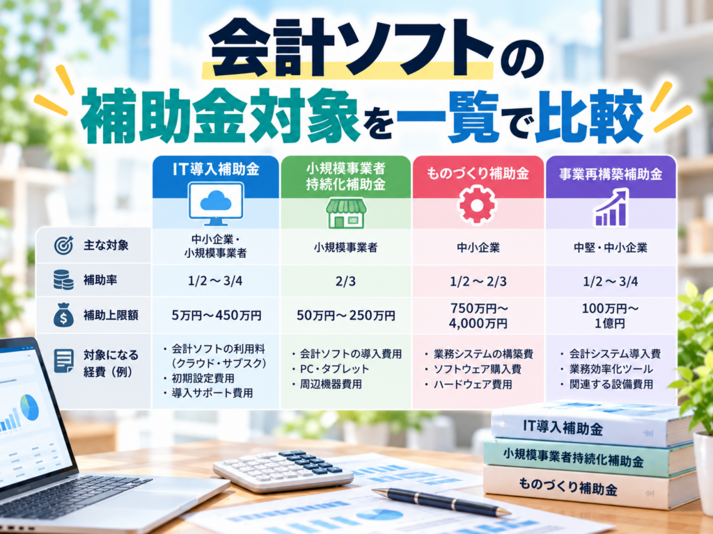 会計ソフトで利用できる補助金の対象や補助率・対象経費を一覧で比較