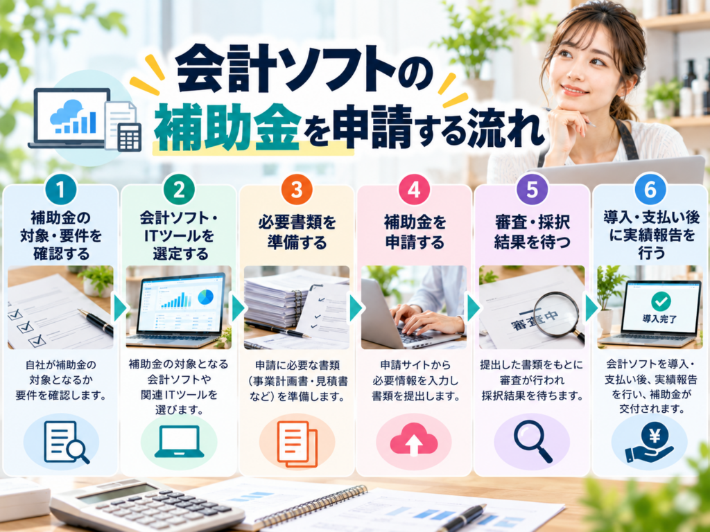 会計ソフトの補助金を申請する流れや対象確認から導入・実績報告までを解説