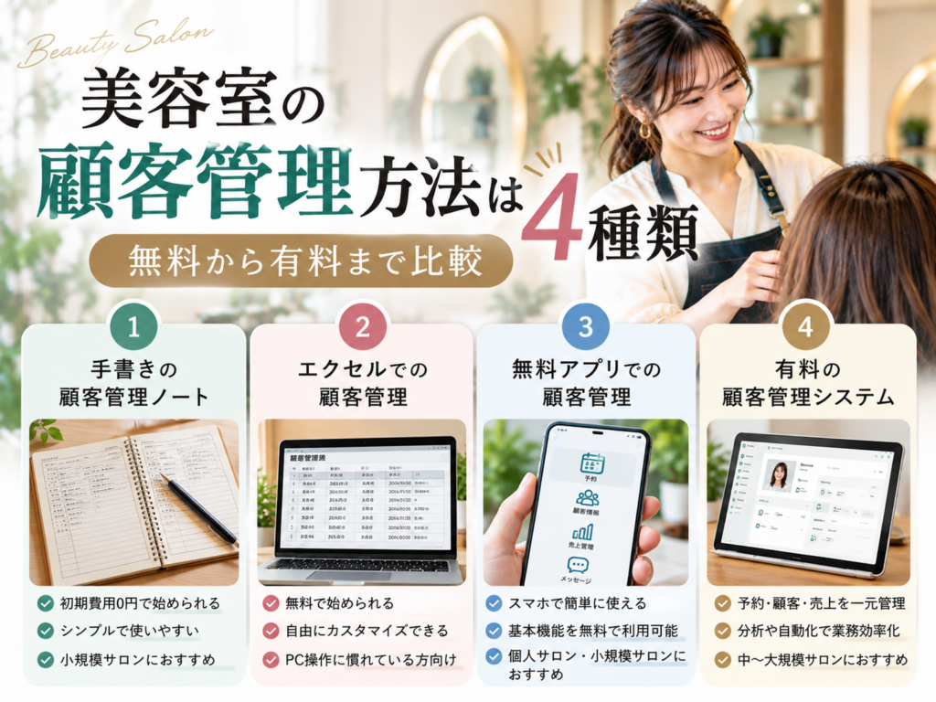 美容室の顧客管理方法4種類を比較｜手書きノート・Excel・無料アプリ・有料システムの特徴