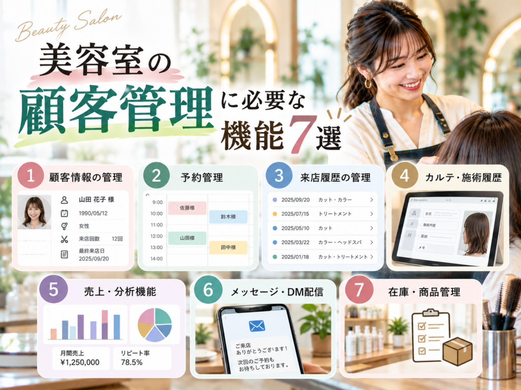 美容室の顧客管理に必要な機能7選｜顧客情報・予約管理・電子カルテ・売上分析・DM配信・在庫管理