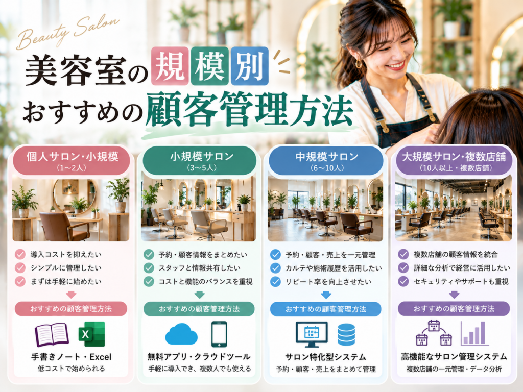 美容室の規模別おすすめ顧客管理方法｜個人・小規模・中規模・大規模サロンの管理方法を比較