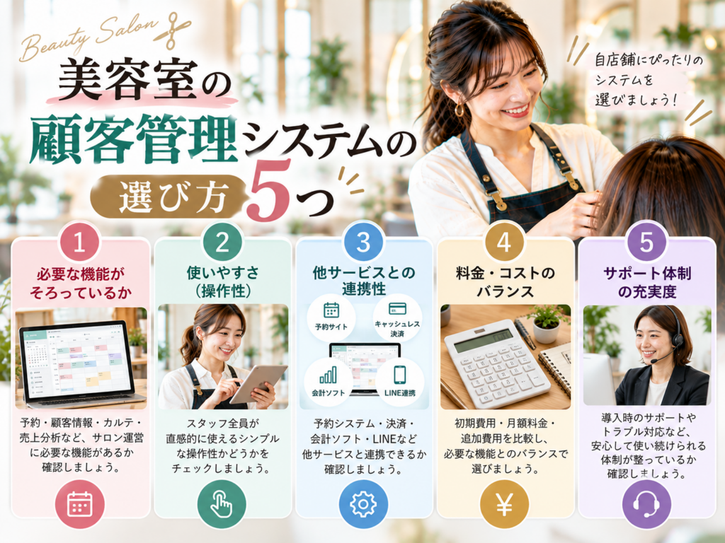 美容室の顧客管理システムの選び方5つ｜必要な機能・使いやすさ・連携性・料金・サポート体制を比較