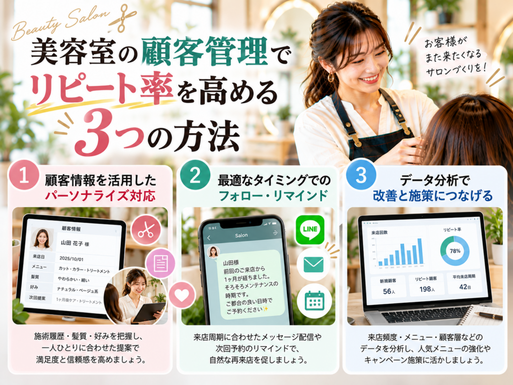 美容室の顧客管理でリピート率を高める3つの方法｜顧客情報の活用・LINE配信・データ分析