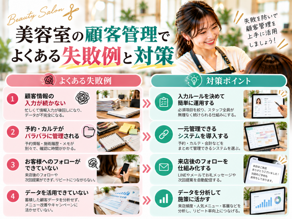 美容室の顧客管理でよくある失敗例と対策｜入力漏れ・情報の分散・フォロー不足・データ活用の改善方法