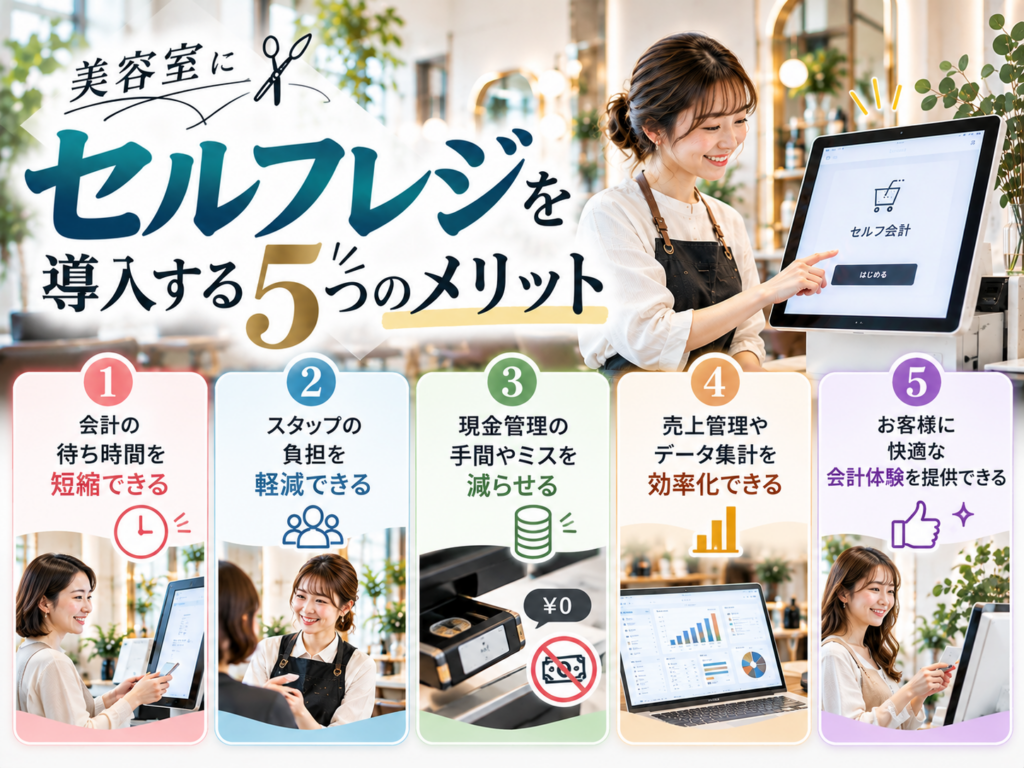 美容室にセルフレジを導入する5つのメリット|会計時間の短縮・スタッフの負担軽減・現金管理の効率化・売上管理・顧客満足度の向上