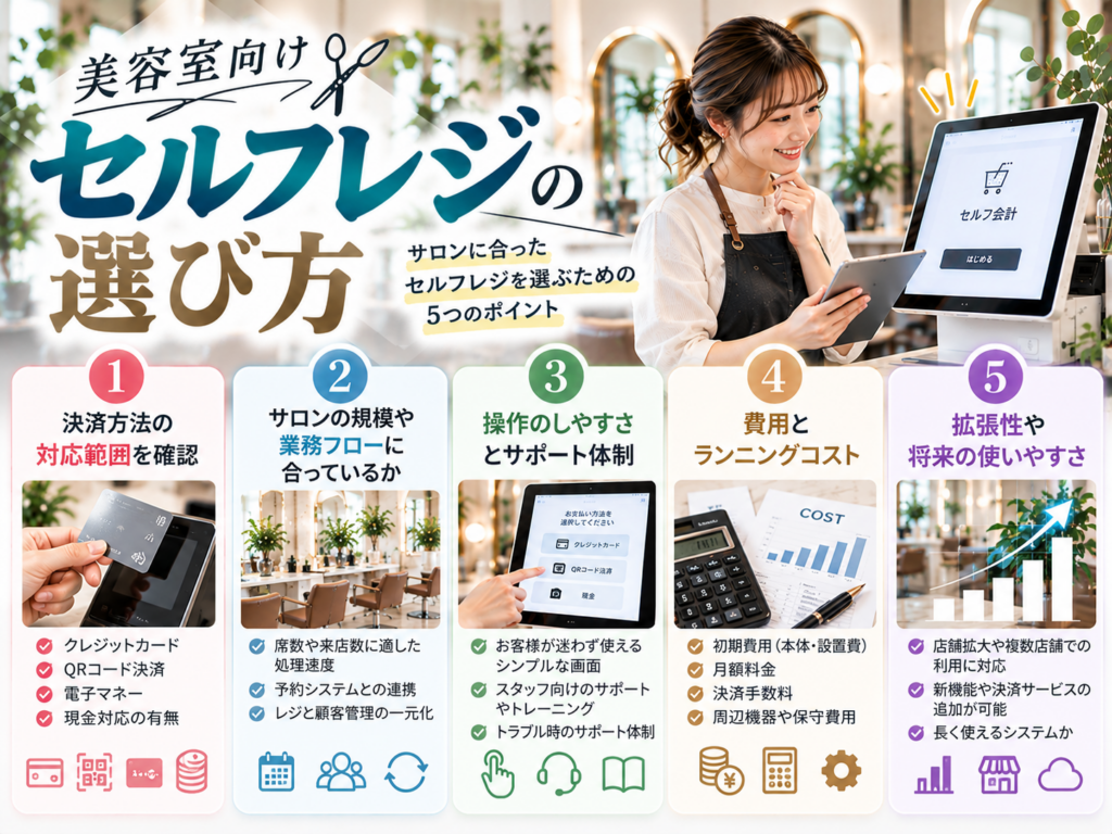 美容室向けセルフレジの選び方|決済方法・店舗規模・操作性・導入費用・サポート体制を比較する5つのポイント