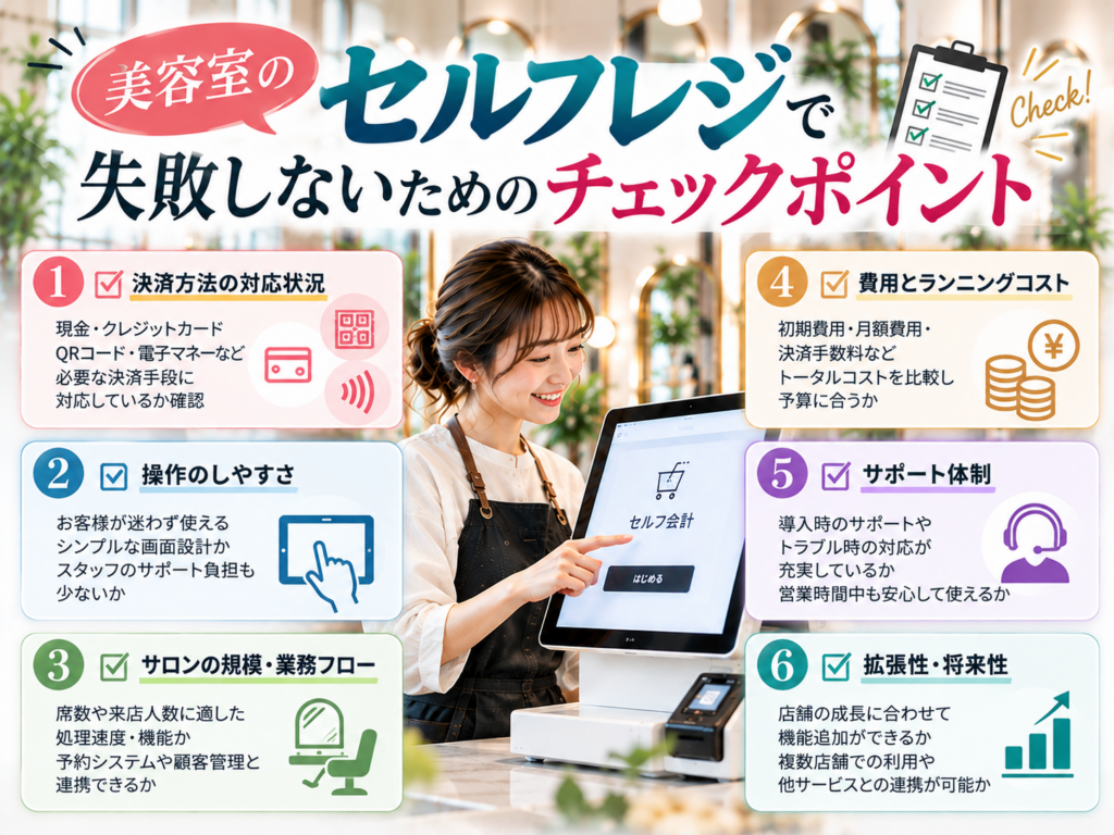 美容室のセルフレジ導入で失敗しないための6つのチェックポイント|決済方法・操作性・業務連携・導入費用・サポート体制・拡張性を解説