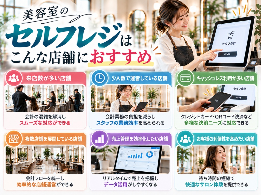 美容室のセルフレジはこんな店舗におすすめ|来店客数が多い美容室・少人数サロン・キャッシュレス対応店舗・複数店舗経営など6つの特徴を解説