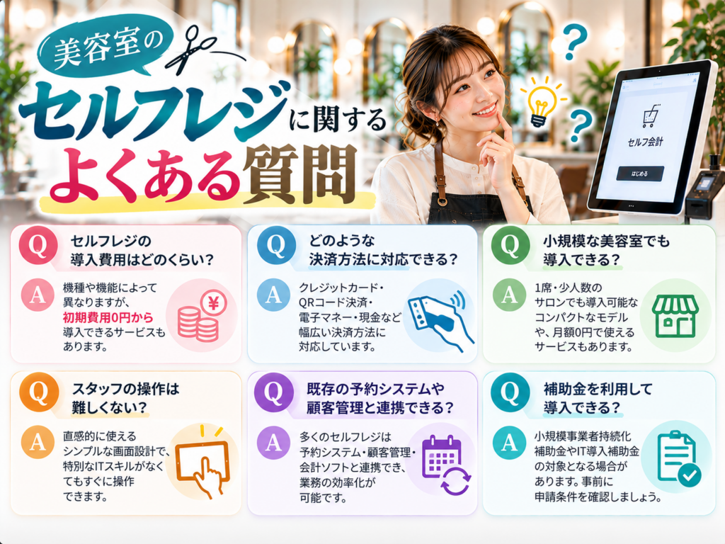 美容室のセルフレジに関するよくある質問|導入費用・決済方法・小規模サロンへの対応・操作方法・予約システム連携・補助金について解説