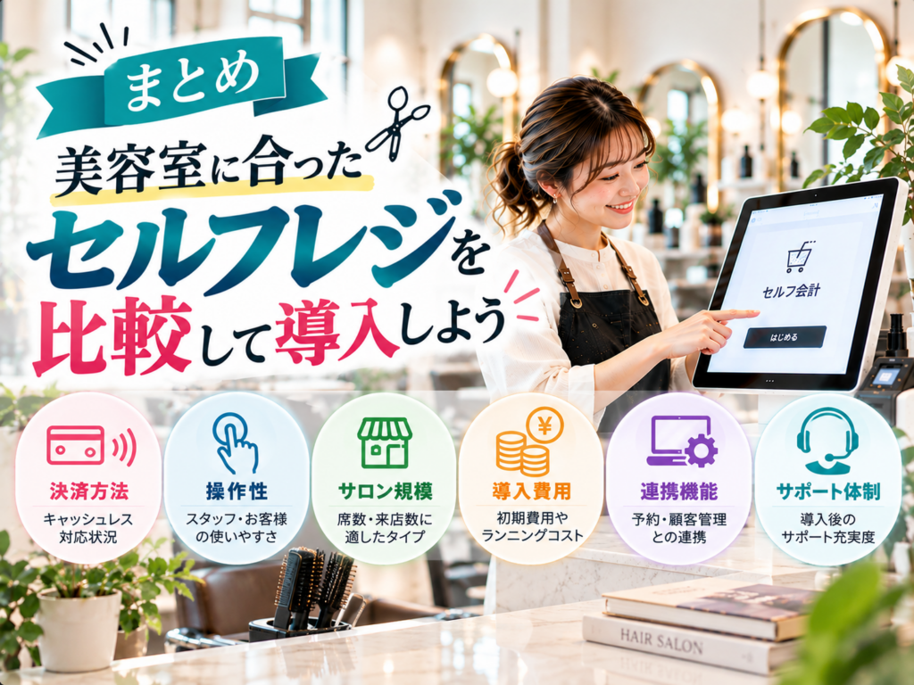 美容室に合ったセルフレジの選び方まとめ|決済方法・操作性・店舗規模・導入費用・連携機能・サポート体制を比較