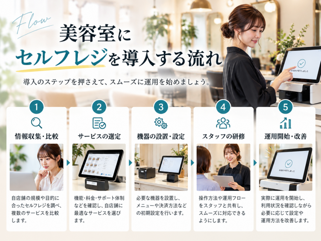 美容室にセルフレジを導入する流れを5ステップで解説|情報収集・比較からサービス選定、機器の設置・設定、スタッフ研修、運用開始まで