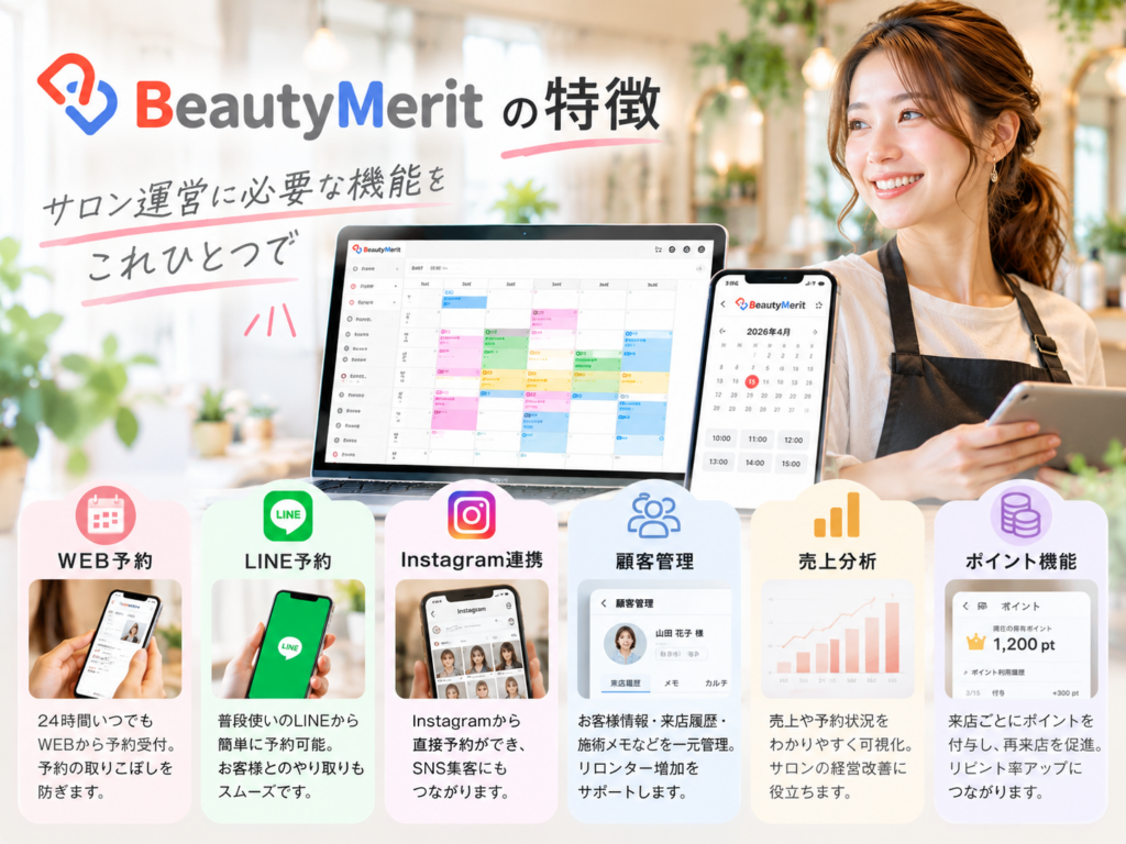 BeautyMeritの特徴｜予約・顧客管理・LINE予約などサロン運営を効率化