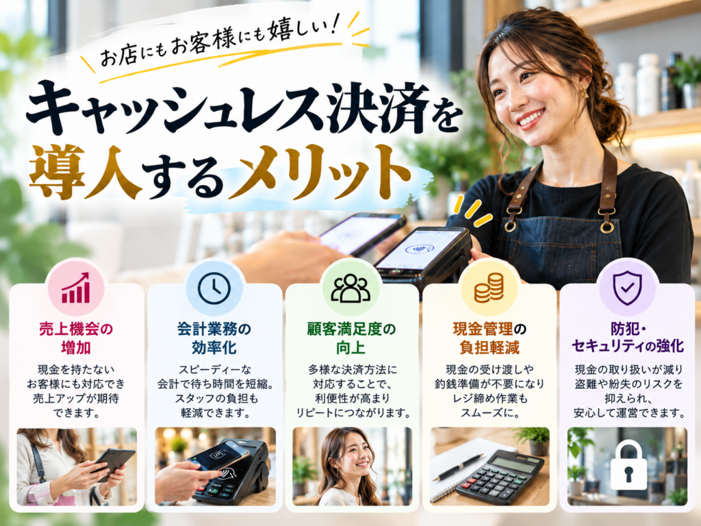 キャッシュレス決済を導入するメリット｜会計業務の効率化・顧客満足度の向上・売上機会の増加・現金管理の負担軽減を解説