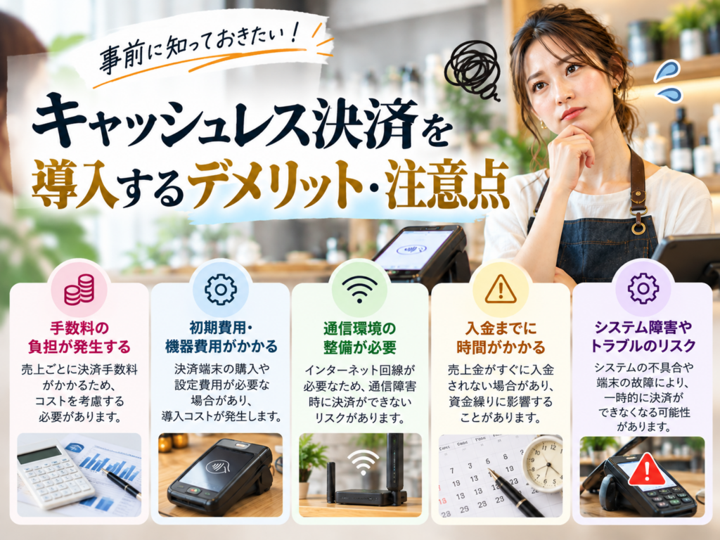 キャッシュレス決済を導入するデメリット・注意点｜決済手数料や初期費用、通信環境、入金サイクル、システム障害のリスクを解説