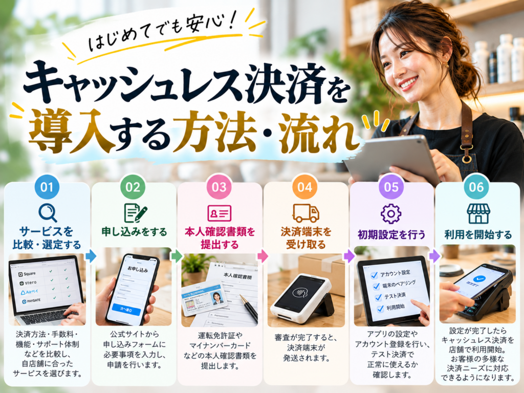 キャッシュレス決済を導入する方法・流れ｜サービス比較・申し込み・必要書類の提出・決済端末の受け取り・初期設定・利用開始までの6ステップ